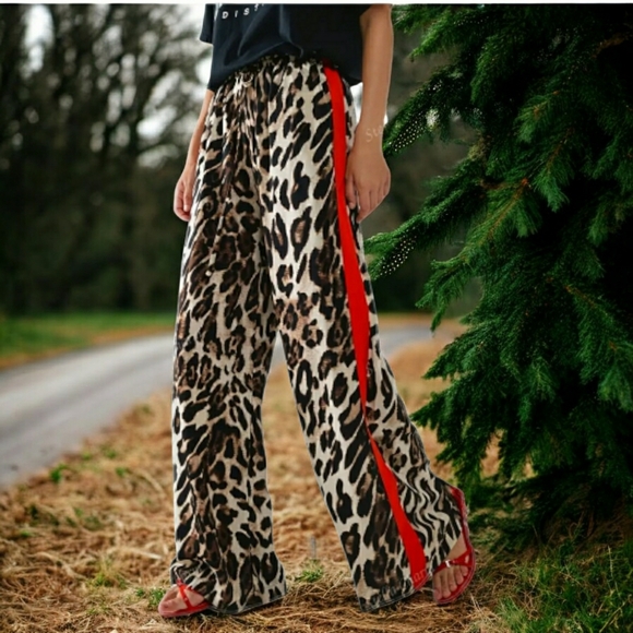 HOT! Leopard Print Wide-Leg Pants with Red Stripe (Multiple Sizes Available) - Picture 5 of 14